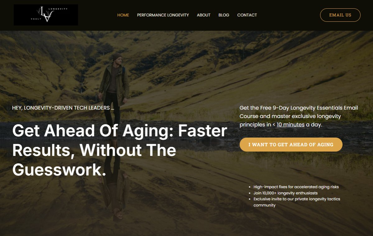 The Longevity Vault-nettside som viser en effektiv innholdsstrategi for helse og lang levetid – Telemark Digital, Oslo, Norge.	